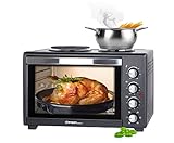 TZS First Austria Minibackofen 45 Liter 3200 Watt Mini-Backofen mit Kochplatten, Krümelblech, Drehspieß, Umluft Mini | Kochplatten separat bedienbar | gleichzeitig kochen backen