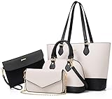 Bagsure Handtasche Damen Schultertasche Handtaschen Tragetasche Damen 4-teiliges Set für Büro Schule Einkauf Reise Geschenk (Schwarze/weiß)