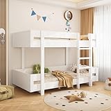 Etagenbett Kinderbett Hochbett Jugendbett mit 2 Liegeflächen 90x200 und Leiter, Platzsparendes Stockbett Holzbett Bettrahmen mit Rausfallschutz und Lattenrost, stabile Massivholzkonstruktion, Weiß