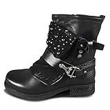 Damen Stiefel Biker Boots gefüttert - Stiefeletten mit Nieten Blockabsatz - Used Look Herbst Winter Frauen Schuhe Schnallen - ST94 - Schwarz Größe 40