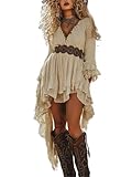 ORANDESIGNE Boho Kleid Damen Cowboy Kleid Lang Western Outfit Hippie Sommerkleid Ohne Gürtel G Beige M
