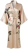 Ledamon Damen Seide Kimono Robe Bademantel, 100% Seide - klassische Floral Morgenmantel Nachthemd (Champagnerfarben)