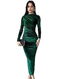 Haibang Damen Samtkleid Langarm Elegant Winterkleid Bodycon Midikleid Figurbetontes Kleid Sexy Rüschen Langarmkleid Vintage Freizeitkleid Einfarbig Abendkleid Partykleid Clubkleid Cocktailkleid