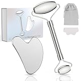 Alyvisun Gua Sha Set, Gesichtsmassagegerät Roller Edelstahl, Gesicht Massage für Anwendung Gegen Face Leichte Schwellungen, Mit Tragetasche & Reinigungstuch