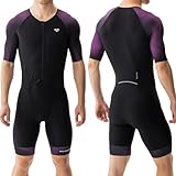 MY KILOMETRE Herren Triathlon Anzug – Einteiler Kurzarm Trisuit Schnelltrocknend Atmungsaktiv mit Rückentasche für Rennen und Training （Lila M）