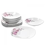 Van Well Tafelservice Kyoto, 12tlg. für 6 Personen, 6 Speiseteller + 6 Tiefe Suppenteller, Porzellan-Geschirr, Blumen-Dekor Orchidee, rosa-rot, pink