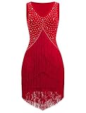 EFOGEP Damen Salsa Latin Dance Kleid Vintage 1920s Ärmellos Strass Lagen Fransenkleider Gatsby Cocktail Ballroom Tangos ChaCha Rumba Flapper Cami Kleid Rot XXL