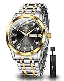 OLEVS Uhren für Herren, Diamant-Analog, Quarz, Edelstahl, wasserdicht, leuchtende Armbanduhr, Kalender, Luxus, Business, Herren-Armbanduhr, G5513: zweifarbiges Armband und schwarzes Zifferblatt,