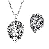 JKJF Löwenkopf Halskette Ringe Set Löwenkopf Anhänger Halskette Hip Hop Kette Halsband für Männer Frauen Mottoparty Karneval Party Cosplay Zubehör - Silber