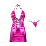 GIVTULIP Damen Lackleder Kleid Glänzend Latex Catsuit Ouvert Bodysuit Dessous Minikleid Wetlook Einteiler Badeanzug Party Outfit Neckholder Lederkleid Figurbetonte Rückenfrei Partykleid Clubwear
