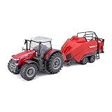 Bburago Die-Cast Massey FERGUSSON 8740S Traktor mit funktionierendem Balerheber – Detaillierte Nachbildung Sammlerstück, Modell Spielzeug, Rot