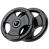 PhysKcal Olympische Hantelscheiben 2 x 10kg | Ø50 mm Bohrung | Hochwertiges Gummi-Finish | Tri-Grips | Schwarze Hantelscheiben für Krafttraining | Robuste Gusseisen-Kern Gewichte Set für Langhantel