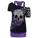 Bluse Damen Elegant Tshirt Halloween Große Größen Modisches Racer Top Schrägen Schultern Totenkopf Print Cooles T-Shirt Sommer Shirts Oberteile Frauen Kleidung Frau Crop Tops Klamotten Lila 5XL
