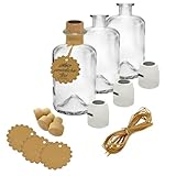 Geniess-Bar! 3x Apothekerflasche 500 ml leer Geschenk Komplettset Apotheker Glas Flaschen Anhänger Kapsel Siegel schwarz Korken Bast zum selbst befüllen