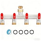 Wisdomgarden Wasserverteiler 4fach, 4 Wege Verteiler Wasser, Vernickelt Messing Wasserhahn Verteiler, Garten Verteiler 4 Wege mit Rot Griffen, 3/4 Zoll Robustheit Sechskantverbindung-Adapter 1/2 Zoll