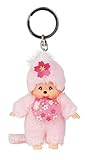 Sekiguchi 242467 - Original Monchhichi Mädchen Kirschblüte als Schlüsselanhänger, ca. 10 cm großer Anhänger aus rosa Plüsch für Rucksäcke, Taschen und Federmappen