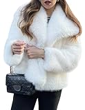Yimoon Damen Cropped Kunstpelz Jacke Revers Open Front Shaggy Pelzmantel 2024 Winter Warm Flauschig Mantel, Beige, M