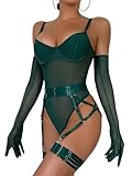 EVELIFE Damen Sexy Body Reizwäsche 3-teiliges Set – Verführerisches Spitzen-Mesh Bodysuit mit Strumpfhalter & Handschuhen, Elegantes Dessous Outfit für Frauen, Dunkelgrün, 38