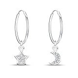 925 Silber Ohrringe Damen Creolen mit Anhänger Mond und Stern Ohrhänger mit 3A Zirkonia Ohrringe Damen Hängend Kreolen Durchmesser 16mm Ohrschmuck Ohrringe für Damen Frauen und Mädchen Kinder