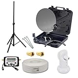 PremiumX Camping SAT-Antenne Single LNB Basic 10m Koaxial Kabel F-Stecker LCD Sat Finder Dreibein Stahl Stativ 120cm