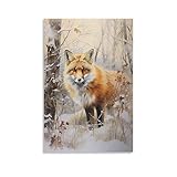 FOCCAR Schnee Wildtiere Wandkunstdrucke Landschaft Tier Vintage Fuchs Bilder auf Leinwand Poster Wanddekoration für Schlafzimmer Heimdekoration