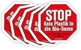 5 Stück – Aufkleber Recycling Hinweis „STOP Kein Plastik in die Bio-Tonne“ Mülltrennung Warnhinweis Folie Oktagon, rot | 15 x 15 cm Made in Germany