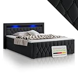 Juskys Boxspringbett Leona 140x200 cm - Bett mit LED Beleuchtung, Topper & H4 Federkern Matratzen - Einzelbett Schwarz mit Samt und Steppung