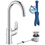 GROHE Swift, Waschtischarmatur hoch, wassersparend (Wasserhahn für das Bad, Badarmatur mit Zugstangen-Ablauf, 31cm hoch, mit 3in1 Werkzeug, einfache Installation am Waschbecken), chrom, 24330001