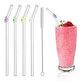 Blume Glasstrohalme Wiederverwendbare,Strohhalme Glas Transparent,Wiederverwendbar Trinkhalme Glas,4 Gebogenem Glas Trinkhalme mit 1 Reinigungsbürsten für Cocktails, Smoothie und Säfte