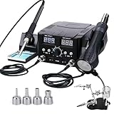 8582D 2 IN 1 Heißluft Lötstation & Lötkolben, Heißluft-Nachbesserungsstation Lötstation, Entlötstation Lötkolben station mit USB-Ladeanschluss, Temperatur einstellbar 100~500°C, für Elektronik,