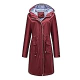 YUNCLOS Damen Lange Regenjacke mit Kapuze - Leichter Trenchcoat für Hundespaziergänge, Wandern & Reisen,Rot,L