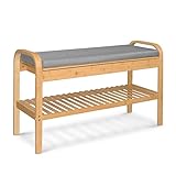 AD.CON Bambus Schuhregal, Schuhregal aus Bambus mit Sitzbank, Schuhbank mit Sitzkissen, Sitzbank mit einer Ebene, Grau