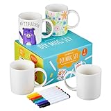 THE TWIDDLERS 4 Tassen zum Bemalen mit 7 Porzellanmalstiften - Kinder Basteln, Personalisiertes Geschenk für Geburtstage, Vater- & Muttertag, Weihnachten