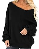 Auxo Damen Langarm Schulterfrei Jumper Lose Sweatshirt Pullover Oberteil Tops Hemd Oversize, 01-schwarz, Gr.- L