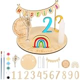 Personalisierter Holz Geburtstagsteller, Holz Geburtstagskranz mit Kerzenhalter, Regenbögen und Zahlen, DIY Geburtstagsdeko Geburtstagsteller mit Gravur, Geburtstagstischdeko für Kinder und Baby