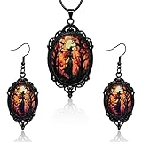 Horolam Mystischer Hexenschmuck,Gothic Mystery Witch Cameo Ohrringe Fledermaus Glasanhänger-Halskette Für Frauen Für Halloween