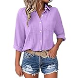 Musselin Bluse Damen 3/4 Arm Elegant Shirts Sommer Bluse Damen Leinenbluse Knopf Bluse Lange Oversized Leinen Hemd Hemdbluse Casual für Leggings Sommerblusen Leicht und Luftig（S-5XL
