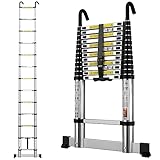 gymount Aluminium Teleskopleiter 3,8 m, Leiter Ausziehbar mit Stabilisator und Abnehmbaren Haken, Klappleiter, Mehrzweckleiter, Stehleiter, Haushaltsleiter, Außenleiter, 150 kg Belastbarkeit