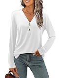Beluring Longshirt Damen Langarm Oberteile Elegant V-Ausschnitt Locker Tunika Bluse Weiß XXL