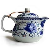Yxhupot Teekanne, 425 ml, Blau-Weiß, Porzellan, Edelstahl, Blume, Cihu Mudan