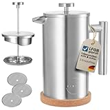 KIMIJO French Press 1000 ml I Edelstahl gebürstet I Warmhalte-Funktion I incl. 3 Ersatzfilter & Korkuntersetzer I Spülmaschinenfest I Premium Kaffeebereiter Doppelwandig