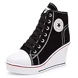 Zomiee Damen-Sneaker mit Absatz, Leinenschuhe mit High-Top, Keilabsatz, Turnschuhe mit Plateau, zum Schnüren, Reißverschluss an der Seite, Pumps, modisch, Schwarz - Schwarz - Größe: 37 EU