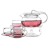 SDGF-YTR Klarglas-Teekocher Teekanne mit Stövchen und 4 Teetassen-Set und Untertassen Stövchen aus Kristallglas