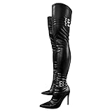 blingqueen Damen Stretch Stiefel Spitze Stiletto Overknee Boots mit Schnallen Reißverschluss PU Schwarz 43 EU