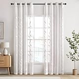 EMEMA Voile Vorhang Wohnzimmer mit Ösen Transparente Blätter Muster Schöne Stickerei Gardinen Fenster Vorhang 2er Set Modern Schlafzimmer Vorhänge Jeder H 160 X B 140 cm Blätter Weiß