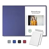 8 Stück 2-teilige Bewerbungsmappen Blau mit 1 Klemmschiene in feinster Lederstruktur - inkl. 8 Versandumschläge in Weiß GRATIS - hochwertige Prägung „BEWERBUNG“