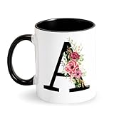 Tarklanda Personalisierte Tasse Initial Kaffeetasse -Tasse mit Buchstabe Blumen - Keramiktasse mit Alphabet - Schwarz Tasse Initiale Geschenke für Frauen, Freunde, Mutter Geschenke für Geburtstag (A)