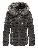 Giolshon Damen Doppelseitige Kunstpelzjacke mit Pelzkragen, beidseitig getragener Puffermantel 19225 Grau S