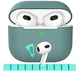 Delidigi AirPods 3 Hülle Silikon Schutzhülle und Haut Case mit AirPods Reinigungs Knete für Apple AirPods 3. Generation 2021(Dunkelgrün)