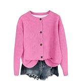 Strickjacke Damen Kurz Cardigan Rundhals Wolle Sweater Warm Weich Wollpullover Cropped Elegante Strickjacken Langarm Vintage Damenpullover Herbst Cardigans Strickmantel(A06 Rosa,L)